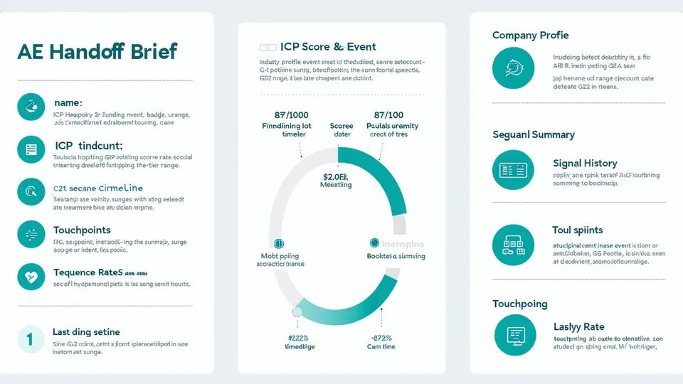 AE handoff context card mockup showing company overview, ICP score, signal timeline, and booked meeting details